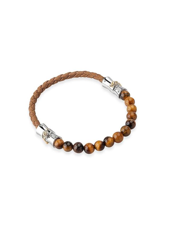 Mens pico Tigers Eye, Braided Leather, & Sterling Silver Bracelet Product Image