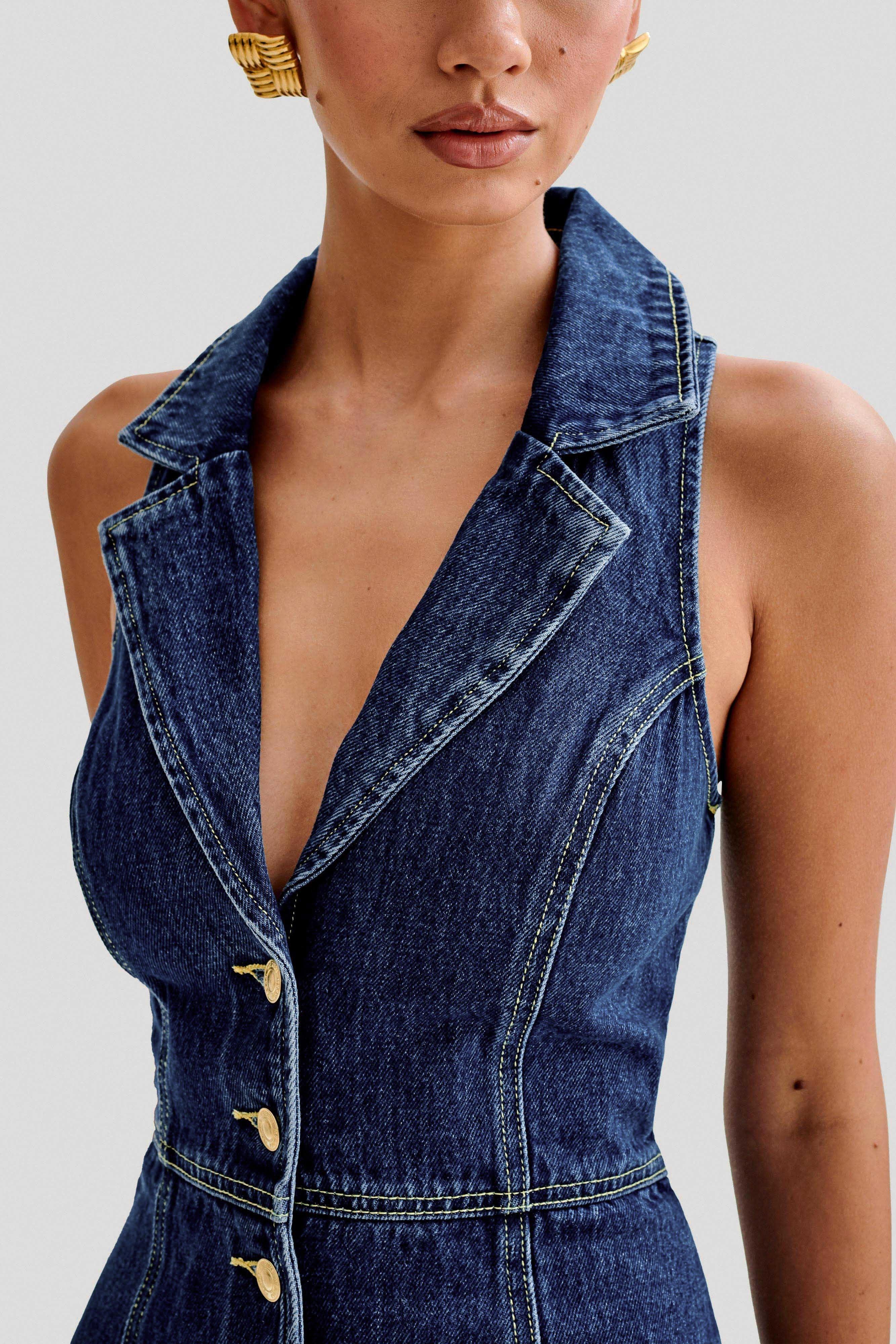 Eugenie Collared Denim Mini Dress - Dark Blue Product Image