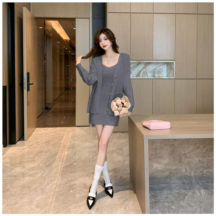 Set: Sleeveless Ribbed Mini Sheath Knit Dress + V-Neck Cardigan Product Image