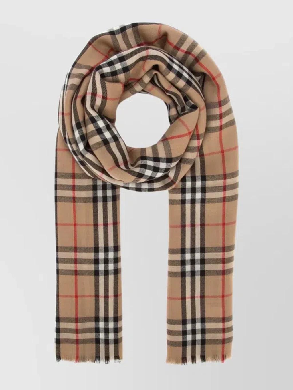 Checkered Pattern Fringed Edge Scarf In Beige Product Image