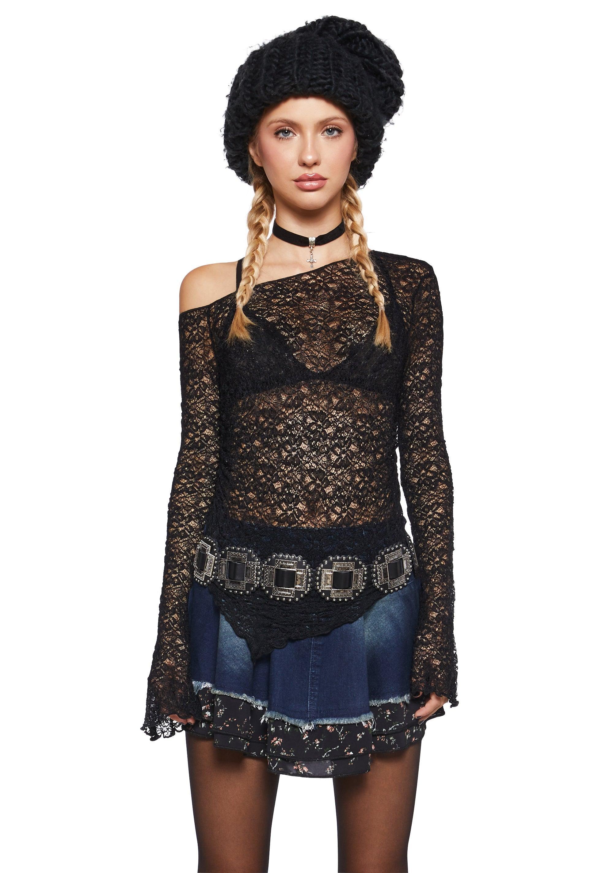 Stretchy Asymmetrical Lace Long Sleeve Top - Black product image