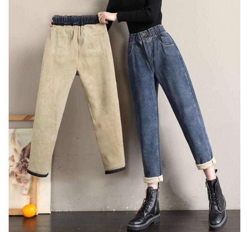 Elastic Waist Fleece-Lined Tapered Jeans Product Image