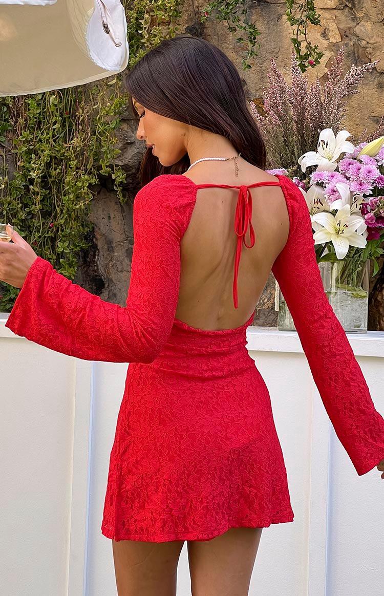 Marienne Red Lace Long Sleeve Mini Dress Product Image