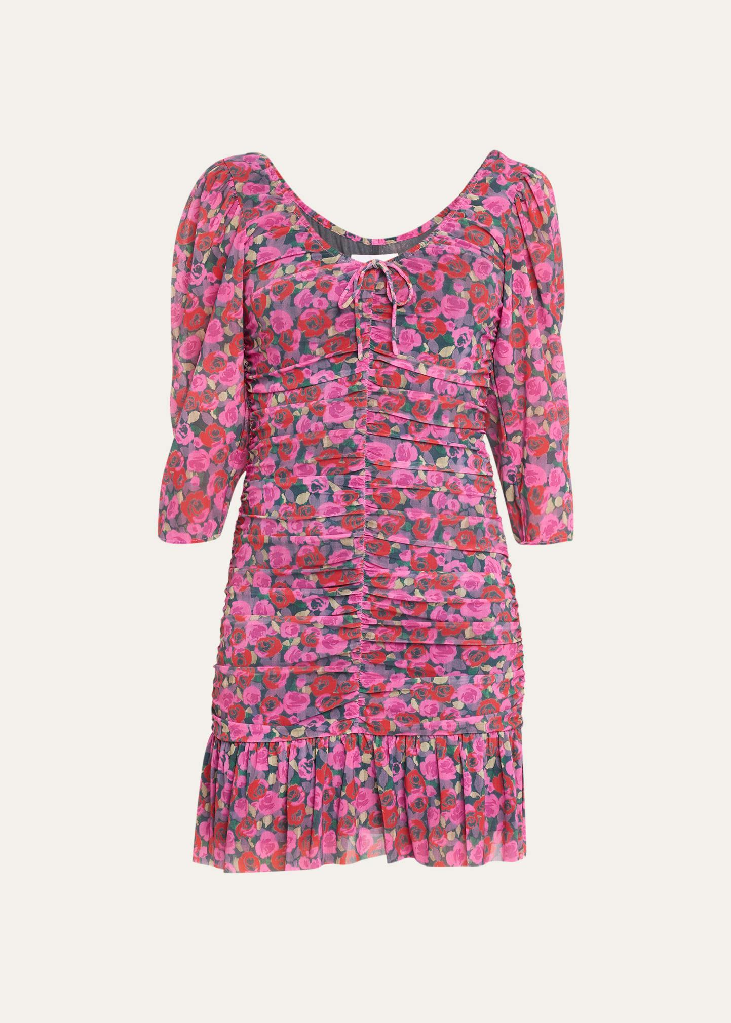 Ruched Floral Mesh Mini Dress Product Image