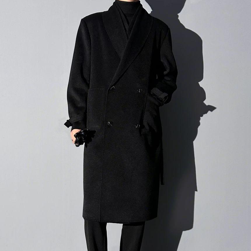 Shawl Collar Mock Two-Piece Plain Double-Breasted Long Coat Product Image