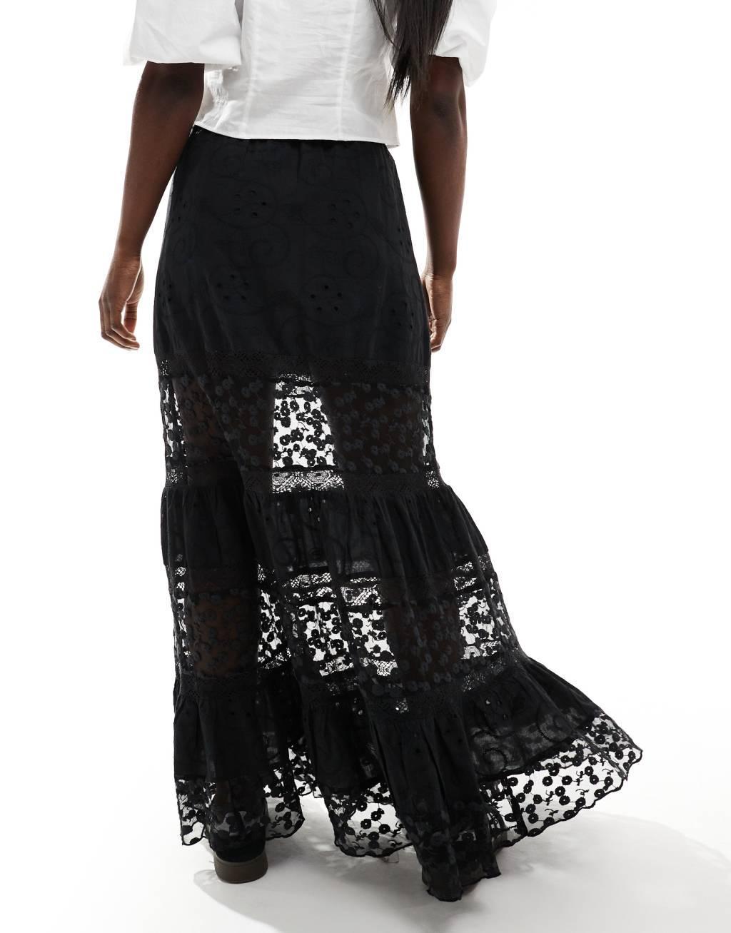 Miss Selfridge broderie lace insert tiered prairie maxi skirt in black Product Image