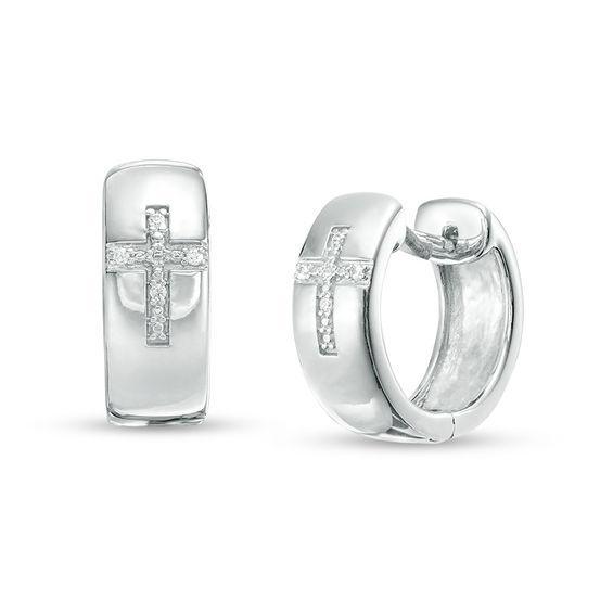 Men's Diamond Accent Cross Huggie Hoop Earrings in Sterling Silver Product Image