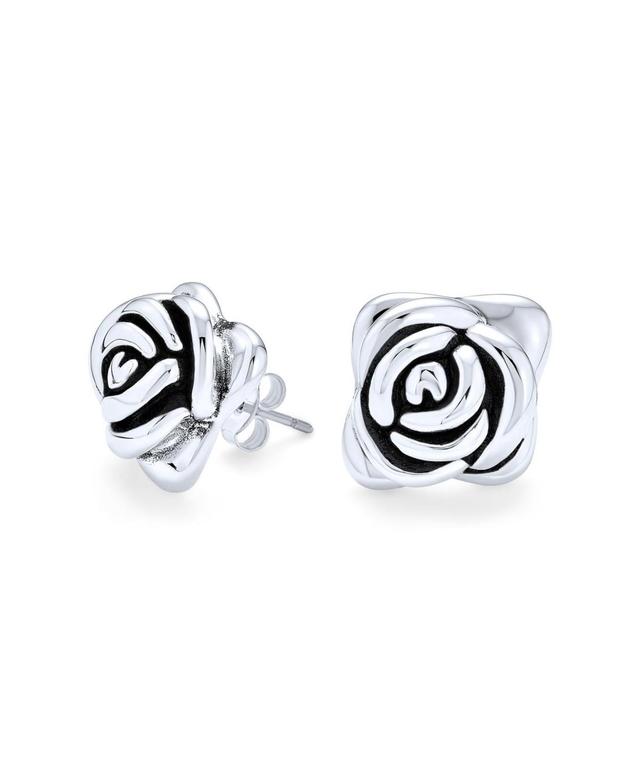 3D Garden Flower Black Rose Stud Earrings For Women Girlfriend Oxidized .925 Sterling Silver Product Image