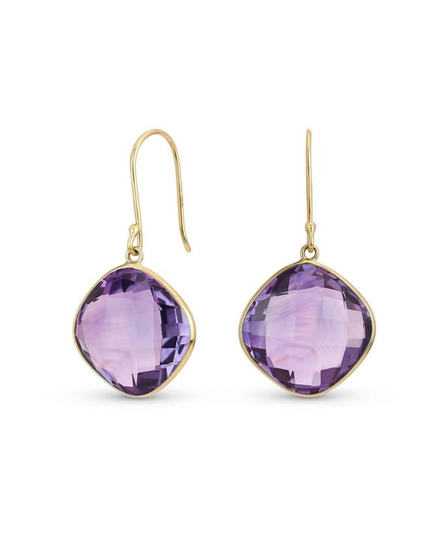 Bling Jewelry Classic Elegant 10K Gold Faceted Briolette Bezel Set Square Cushion Cut Purple Natural Amethyst Dangle Drop Earrings For Women Wire Fish Product Image