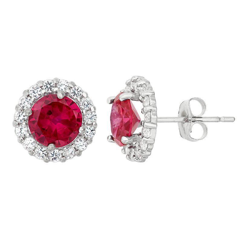 Designs by Gioelli Lab-Created Ruby & White Topaz 10k White Gold Halo Stud Earrings, Womens, Red Product Image