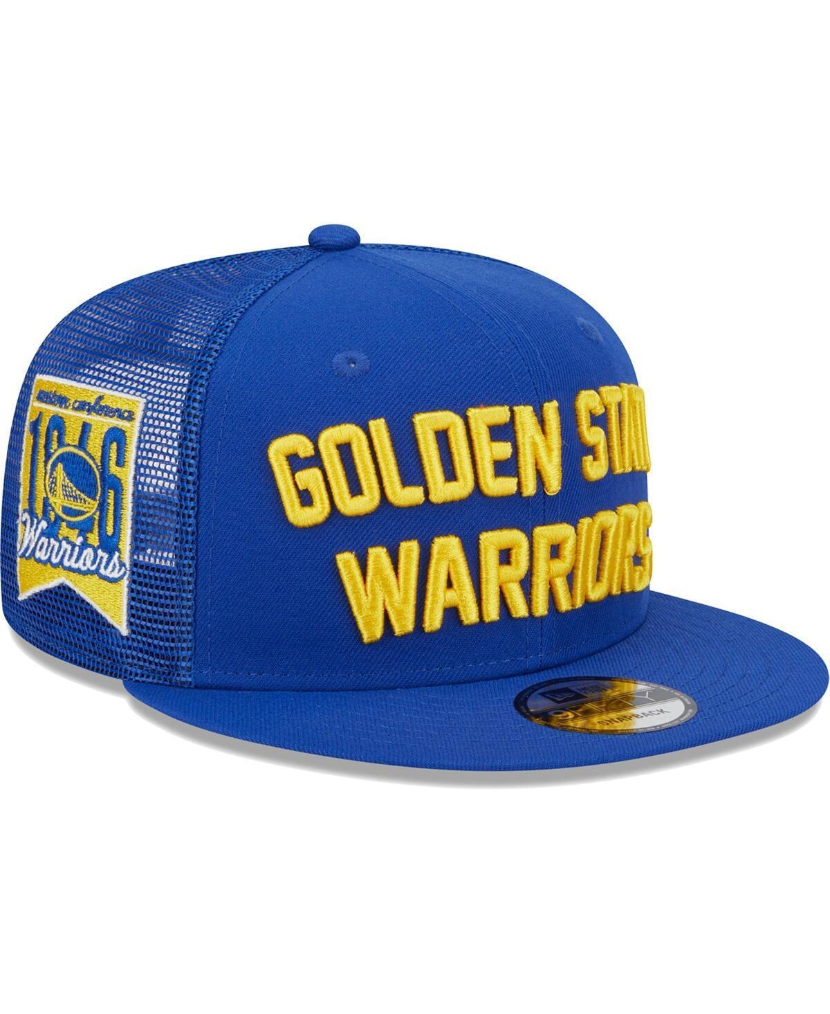 Mens New Era Royal Golden State Warriors Stacked Script 9FIFTY Trucker Snapback Hat Product Image