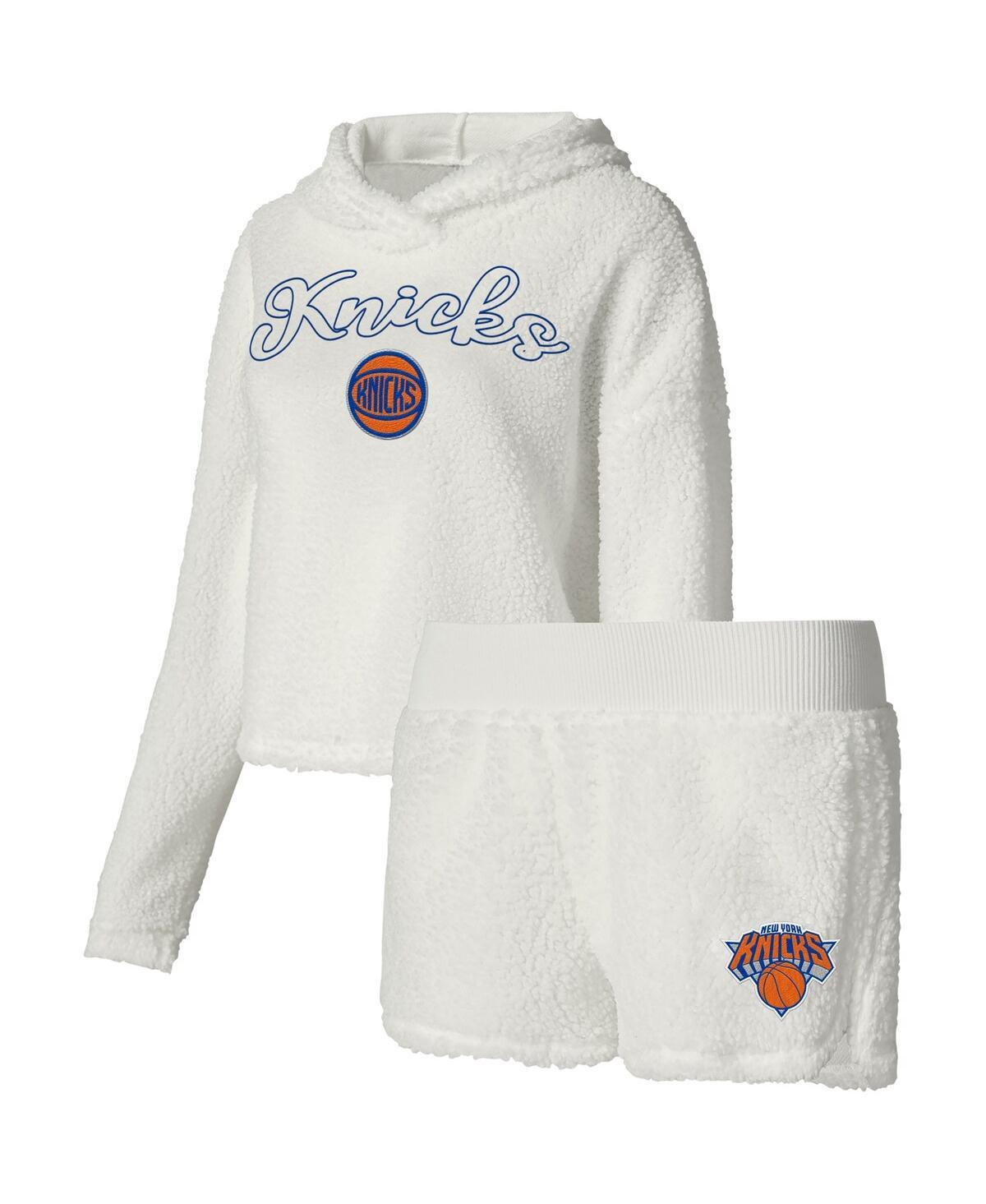 Womens College Concepts Cream New York Knicks Fluffy Long Sleeve Hoodie T-Shirt & Shorts Sleep Set Product Image