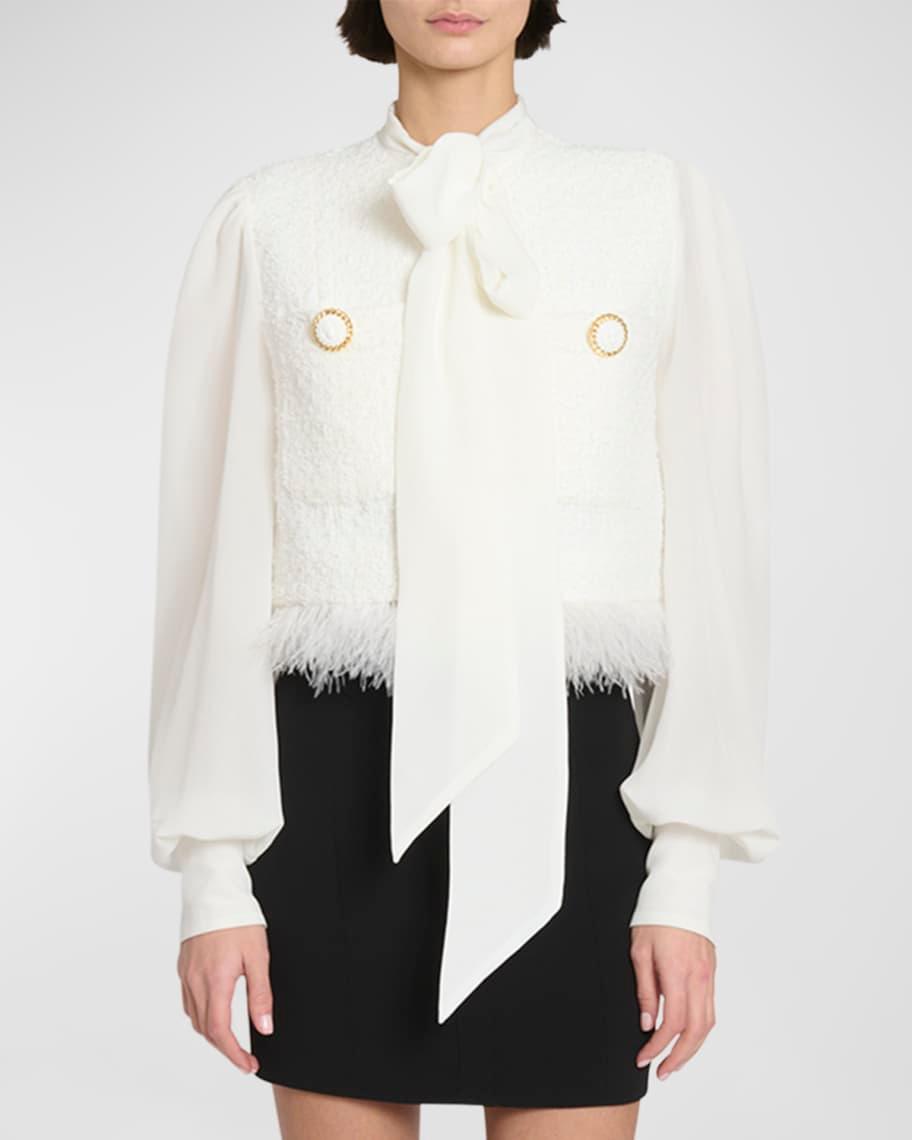 Lavalliere Fringed Tweed Jacket With Feather Trim Product Image