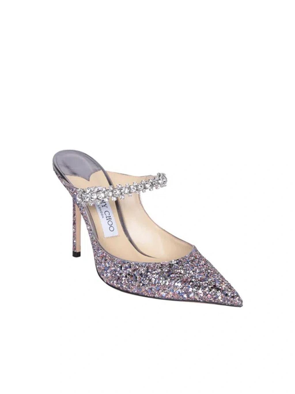 Bing 100 Crystal Strap Glitter Heel Mules In Silver Product Image