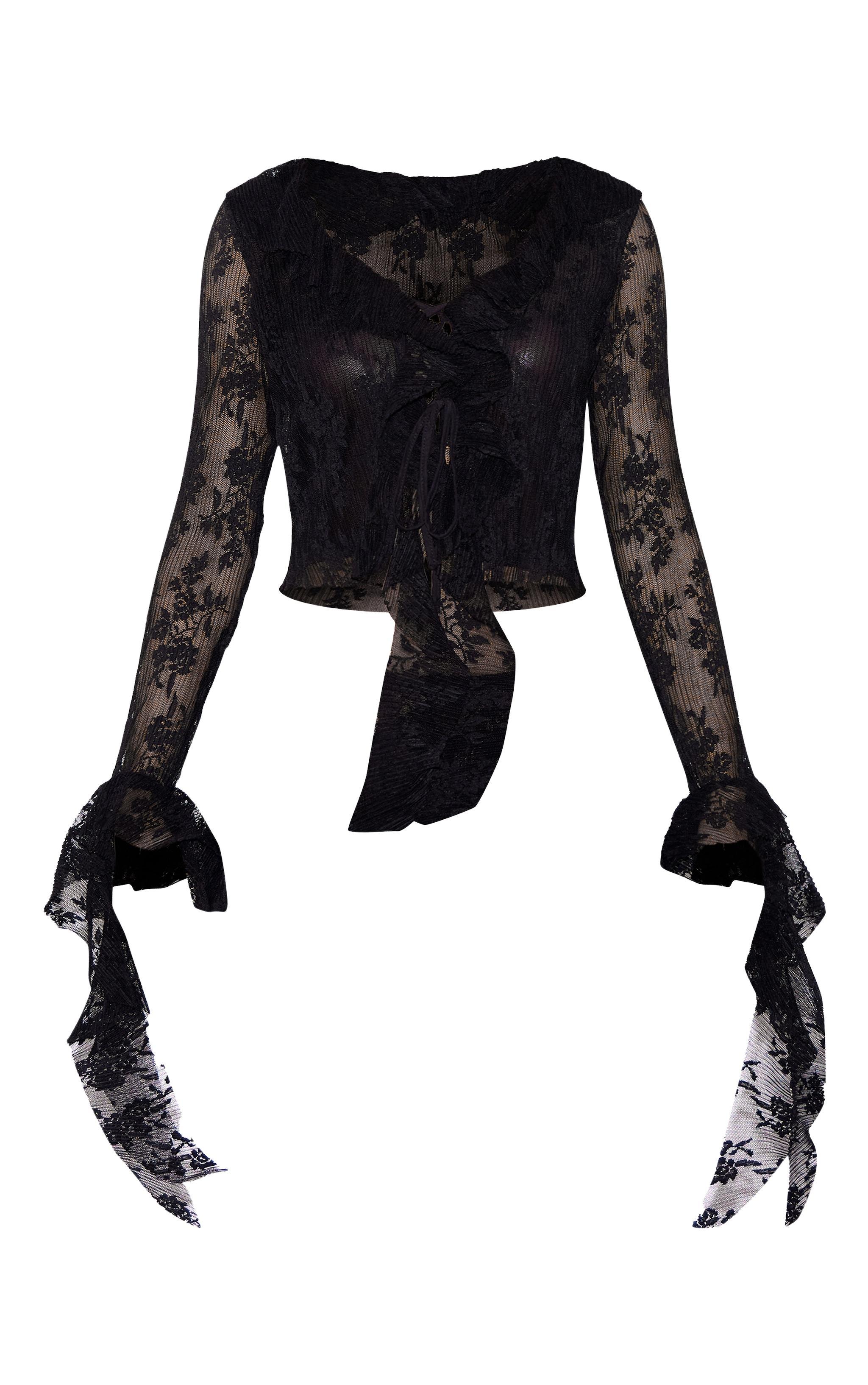 Black Floral Lace Ruffle Detail Tie Front Shirt Product Image