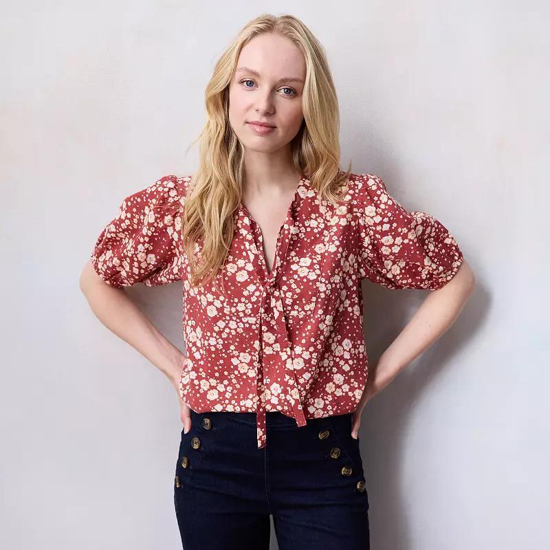 Womens LC Lauren Conrad Tie Front Puff Sleeve Top with Front Yoke Red Daisy Product Image