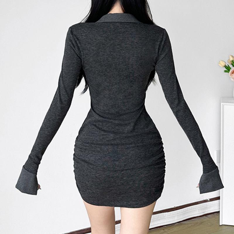 Long Sleeve Lapel Collar Two Tone Pocket Bodycon Mini Dress Product Image