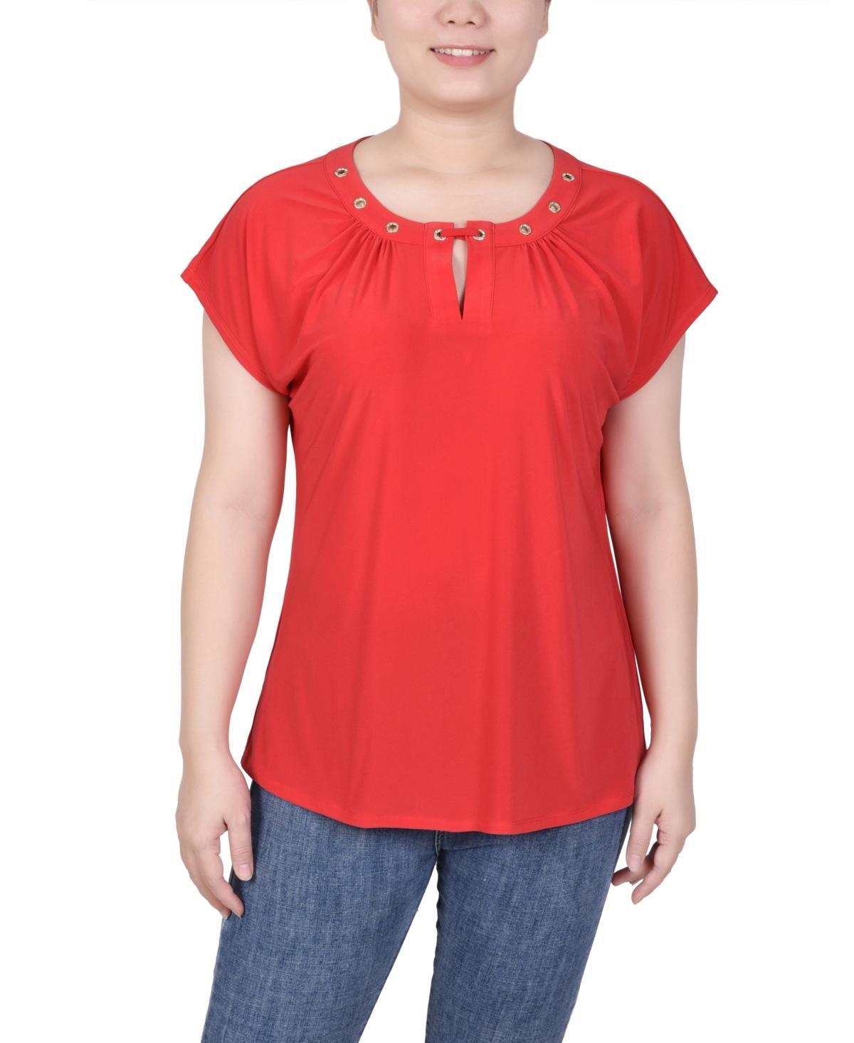 Ny Collection Petite Grommet Neck Knit Short Extended Sleeve Top Product Image