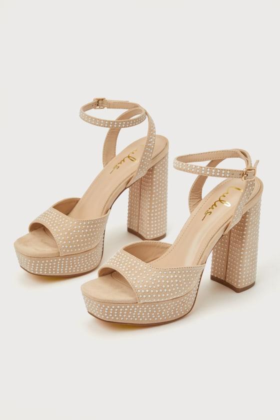 Pearlla Beige Suede Pearl Platform Ankle Strap High Heel Sandals product image