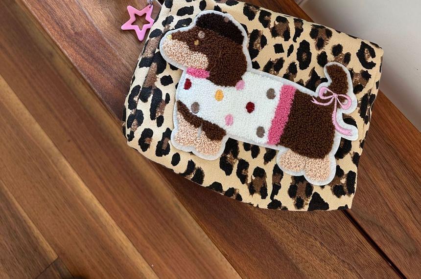 Leopard Print Dog Applique Canvas Crossbody Bag / Makeup Pouch Product Image