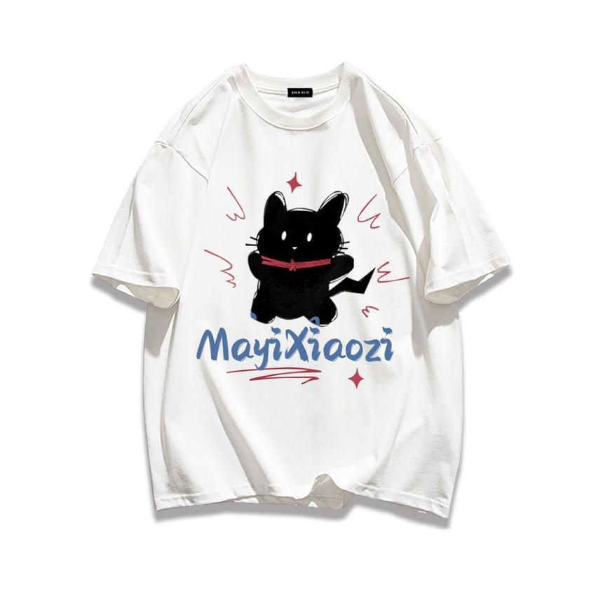 Short-Sleeve Round Neck Cat Print T-Shirt Product Image