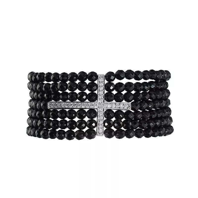 Athra NJ Inc Sterling Silver Cubic Zirconia Cross Black Onyx Beaded Stretch Bracelet, Womens Product Image