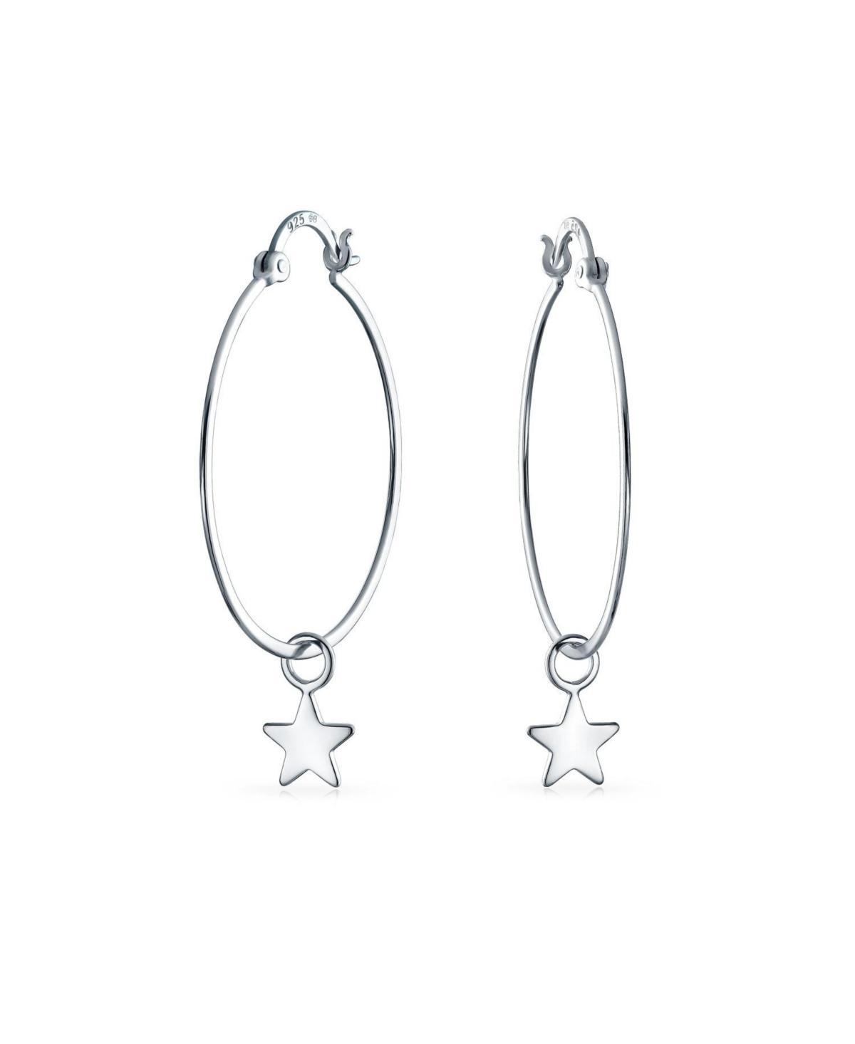 Bling Jewelry American Usa Patriotic Celestial Rock Super Stars Dangle Charm Round Tube Thin Big Star Hoop Earrings For Women Teen .925 Sterling Silve Product Image