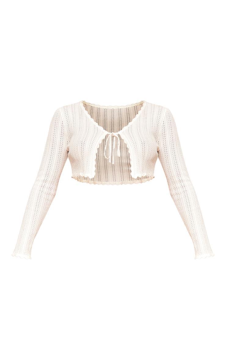 Cream Textured Crochet Knit Tie Front Top Product Image