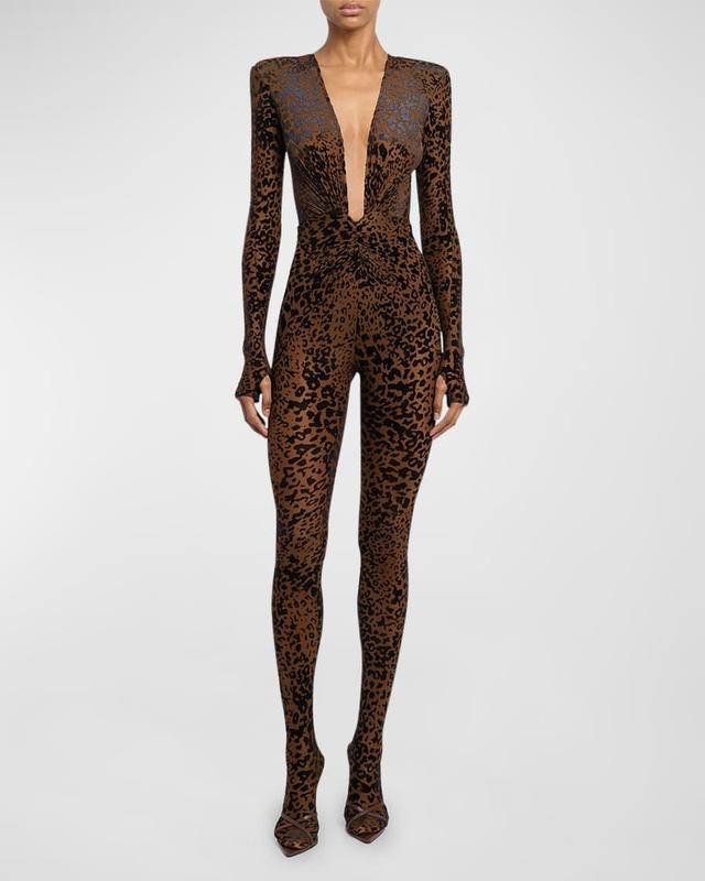 Ruched Plunging Long-Sleeve Leopard Burnout Catsuit Product Image