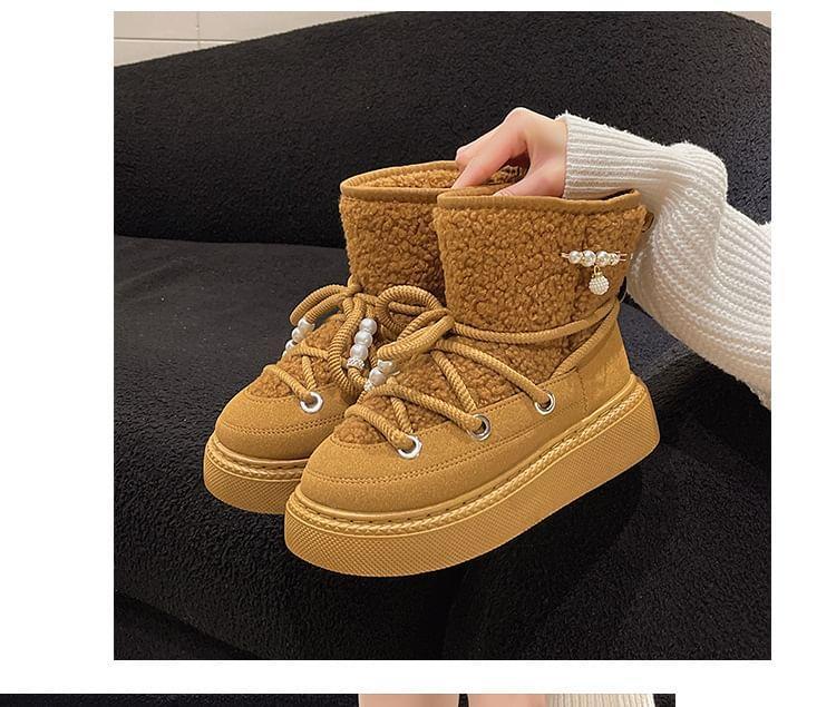 Fleece Panel Lace-Up Faux Pearl Platform Short Snow Boots Product Image