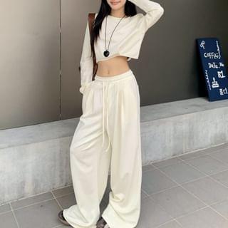 Crewneck Plain Crop Pullover / High Waist Wide Leg Sweatpants Product Image