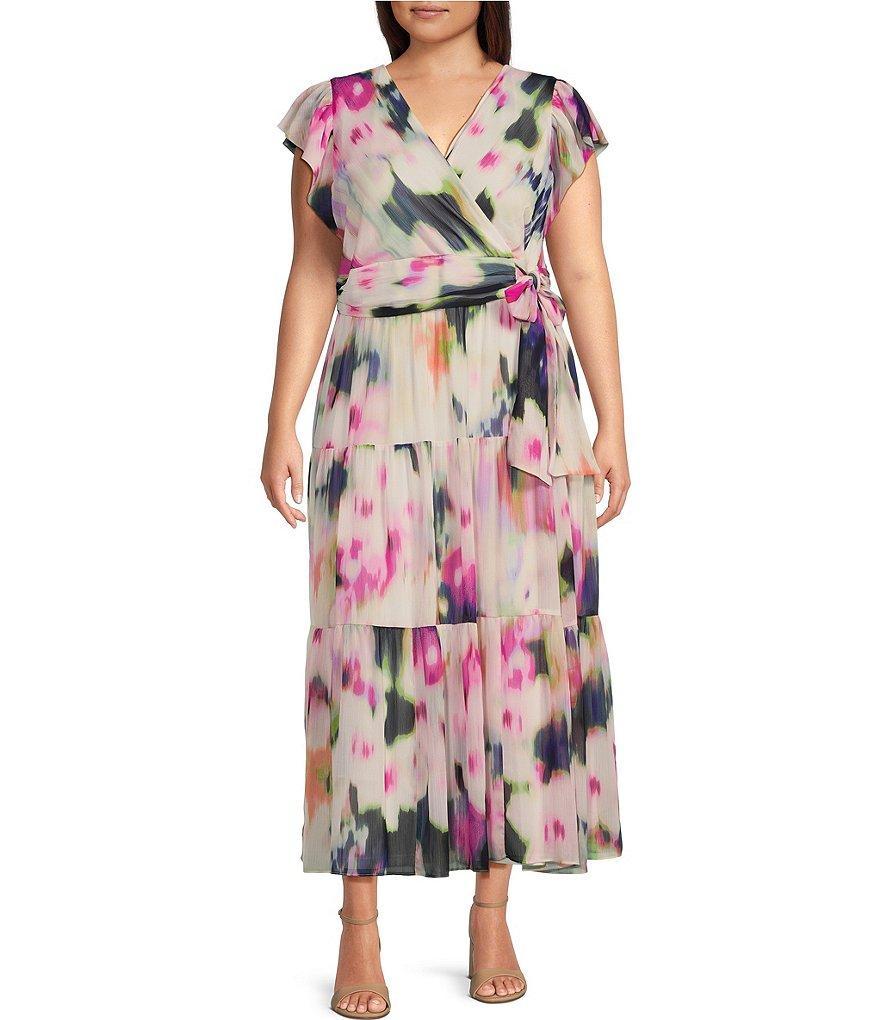 DKNY Plus Size Crinkle Chiffon Short Flutter Sleeve V-Neck Tie Waist Printed Maxi Dress Product Image