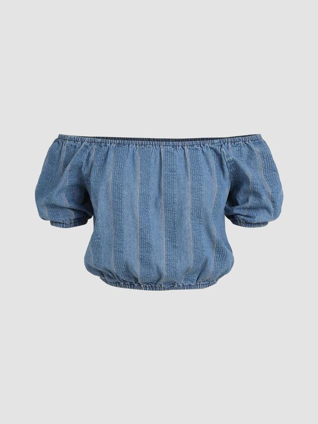 Denim Off-shoulder Striped Crop Blouse Product Image