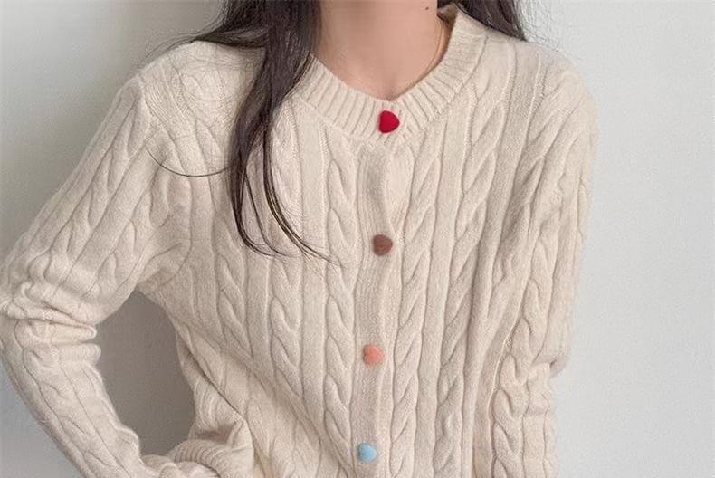 Round Neck Plain Buttoned Cable Knitted Cardigan Product Image