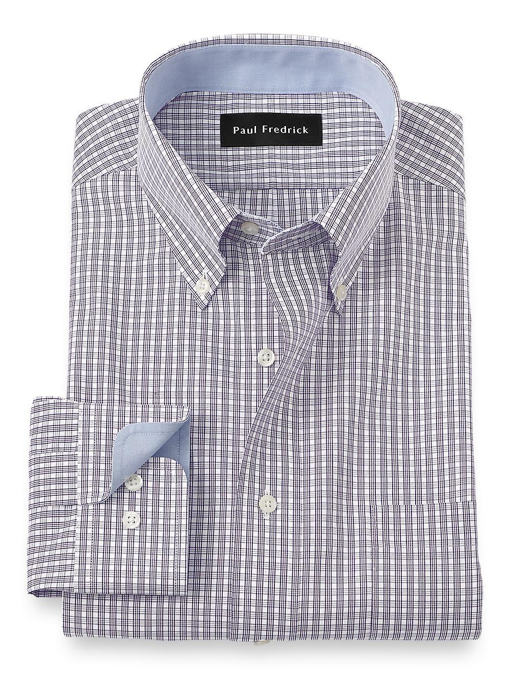 Non-Iron Cotton Plaid Dress Shirt With Contrast Trim - Purple Product Image