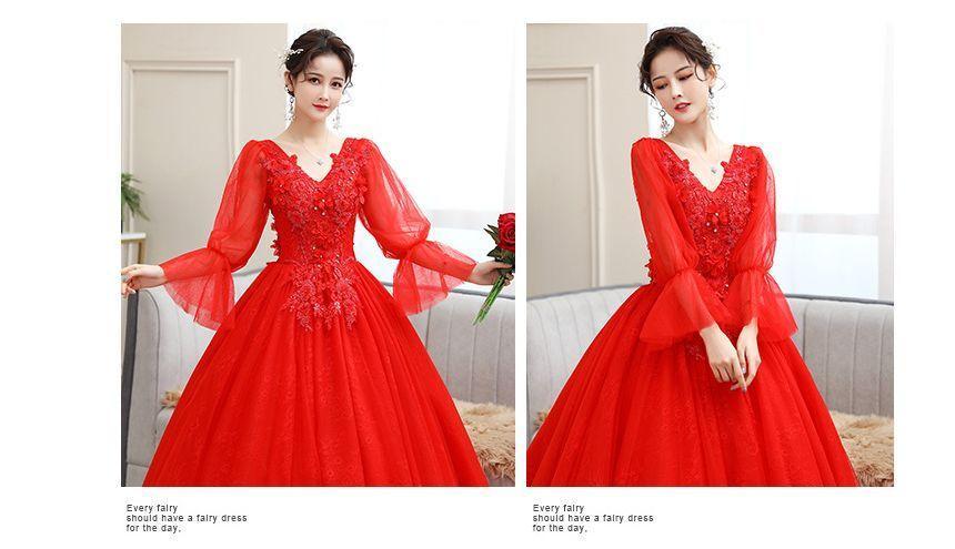 Long-Sleeve Plain Sequin Ball Gown Product Image