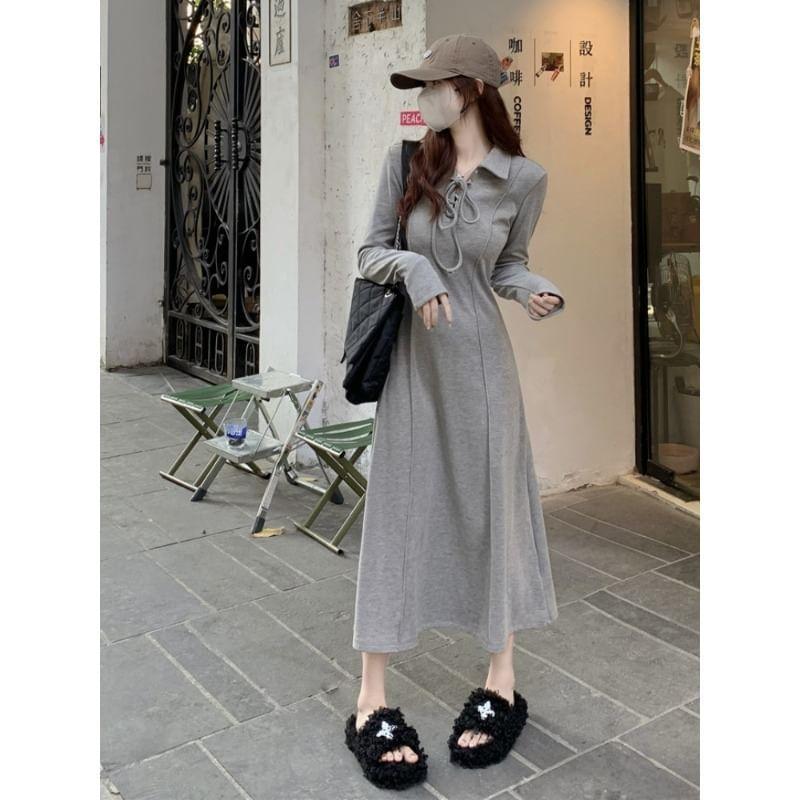 Long-Sleeve Collared Plain Knit Maxi A-Line Dress Product Image