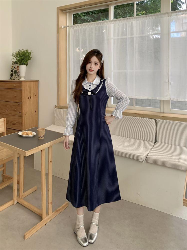 Mock Two-Piece Long-Sleeve Collar Striped Bow Midi A-Line Dress Product Image