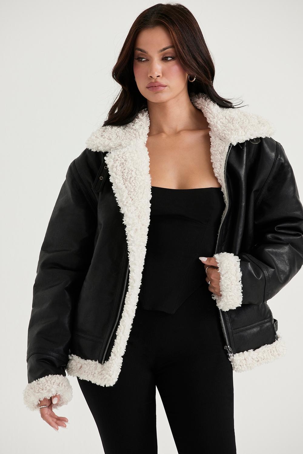 Madden Black Vegan Shearling Aviator Jacket Product Image