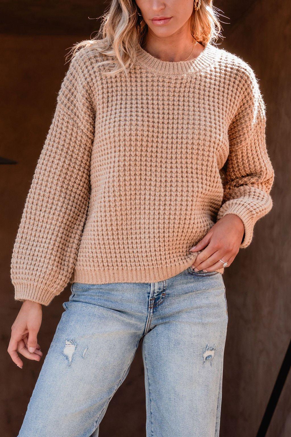 Camel Ribbed Waffle Knit Sweater-FINAL SALE Product Image