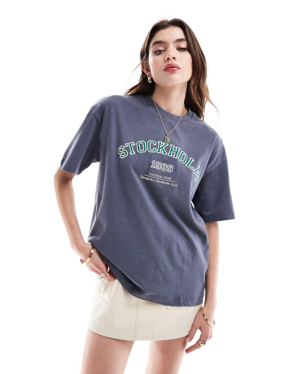 Cotton On oversized washed navy t-shirt with Stockholm print Product Image