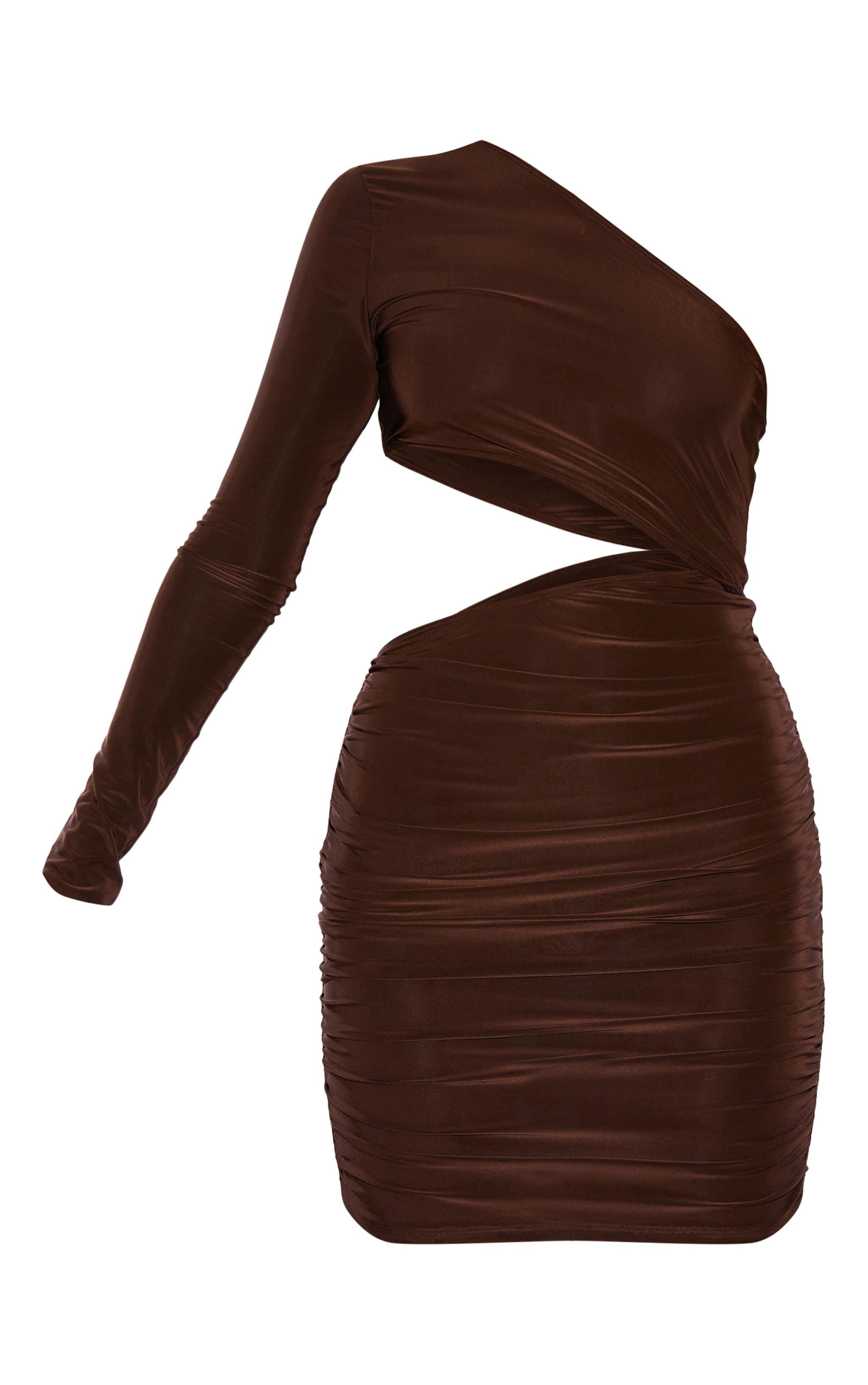 Chocolate Slinky One Shoulder Waist Cut Out Ruched Bodycon Product Image