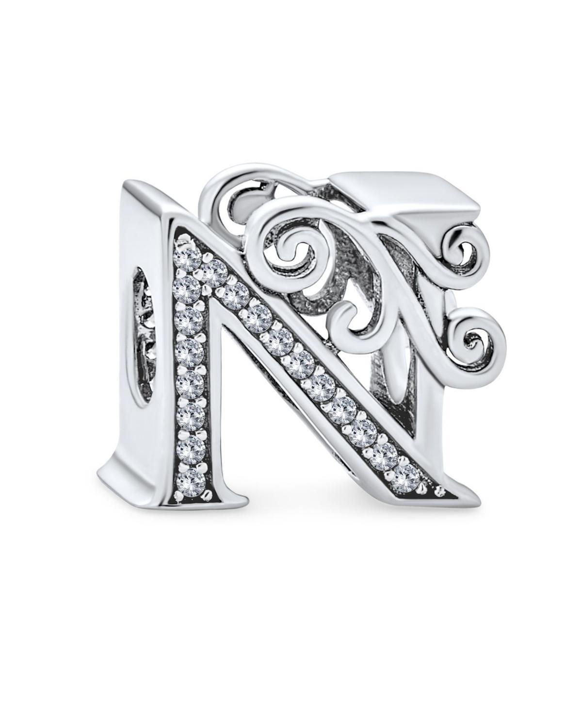 Bling Jewelry Fancy Scroll Cz Sparkle Block Letter A-z Alphabet Initial Charm Bead For Women Shiny .925 Sterling Silver For European Bracelet - Silver Product Image