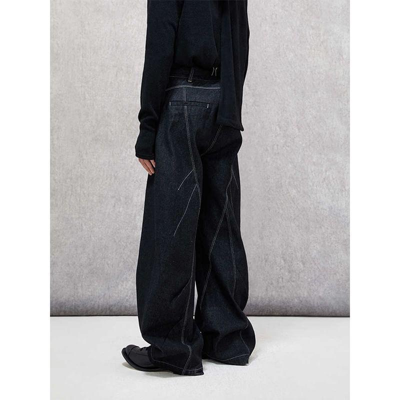 Mid Rise Contrast Stitched Washed Wide Leg Jeans Product Image