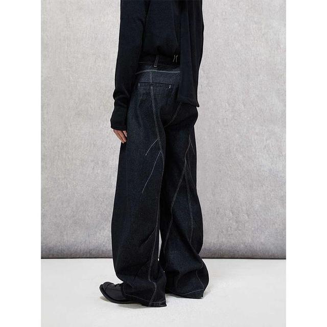 Mid Rise Contrast Stitched Washed Wide Leg Jeans Product Image