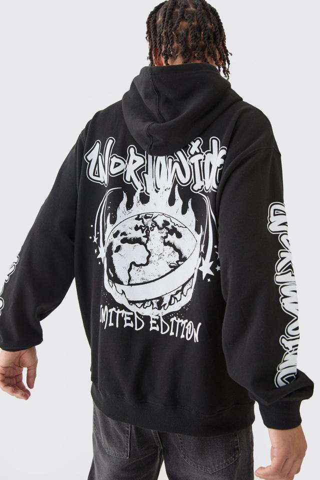 Mens Black Oversized Worldwide Sleeve Print Hoodie, Black Product Image