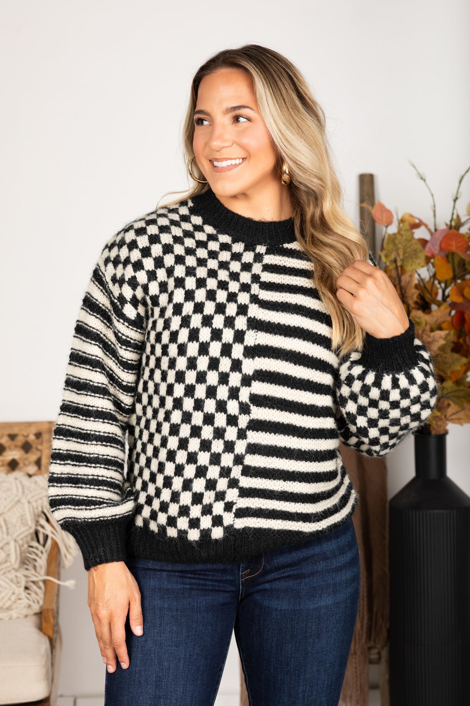 Black Stripe And Checkered Knit Sweater Product Image