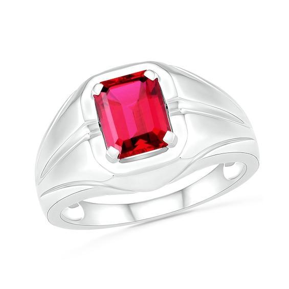 Men's Emerald-Cut Lab-Created Ruby Rectangular Frame Split Shank Ring in Sterling Silver Product Image