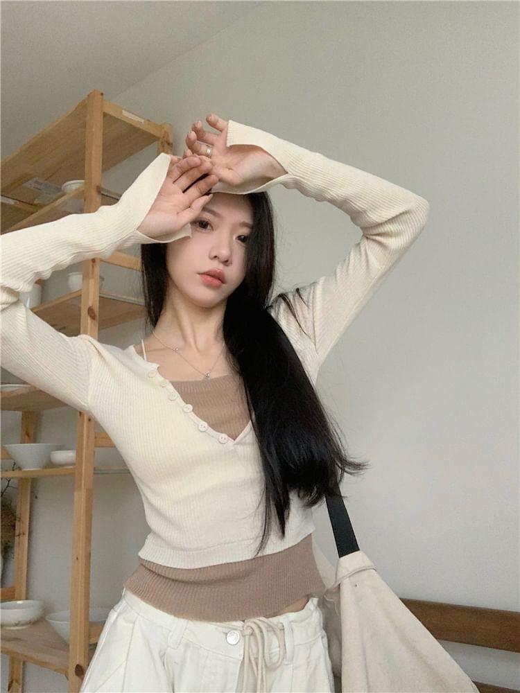 V-Neck Long Sleeve Mock Two Piece Knitted Top Product Image