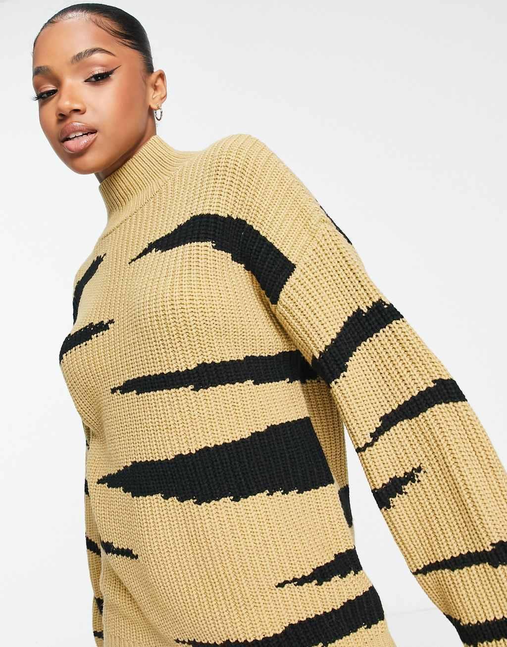 ASOS DESIGN chunky sweater with high neck in animal stripe pattern in camel Product Image